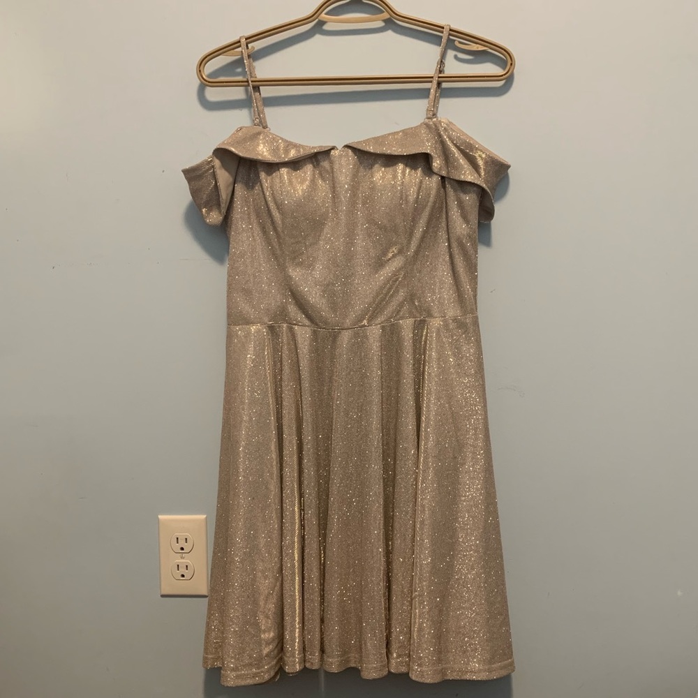 Champagne Off-shoulder Glitter Dress.
